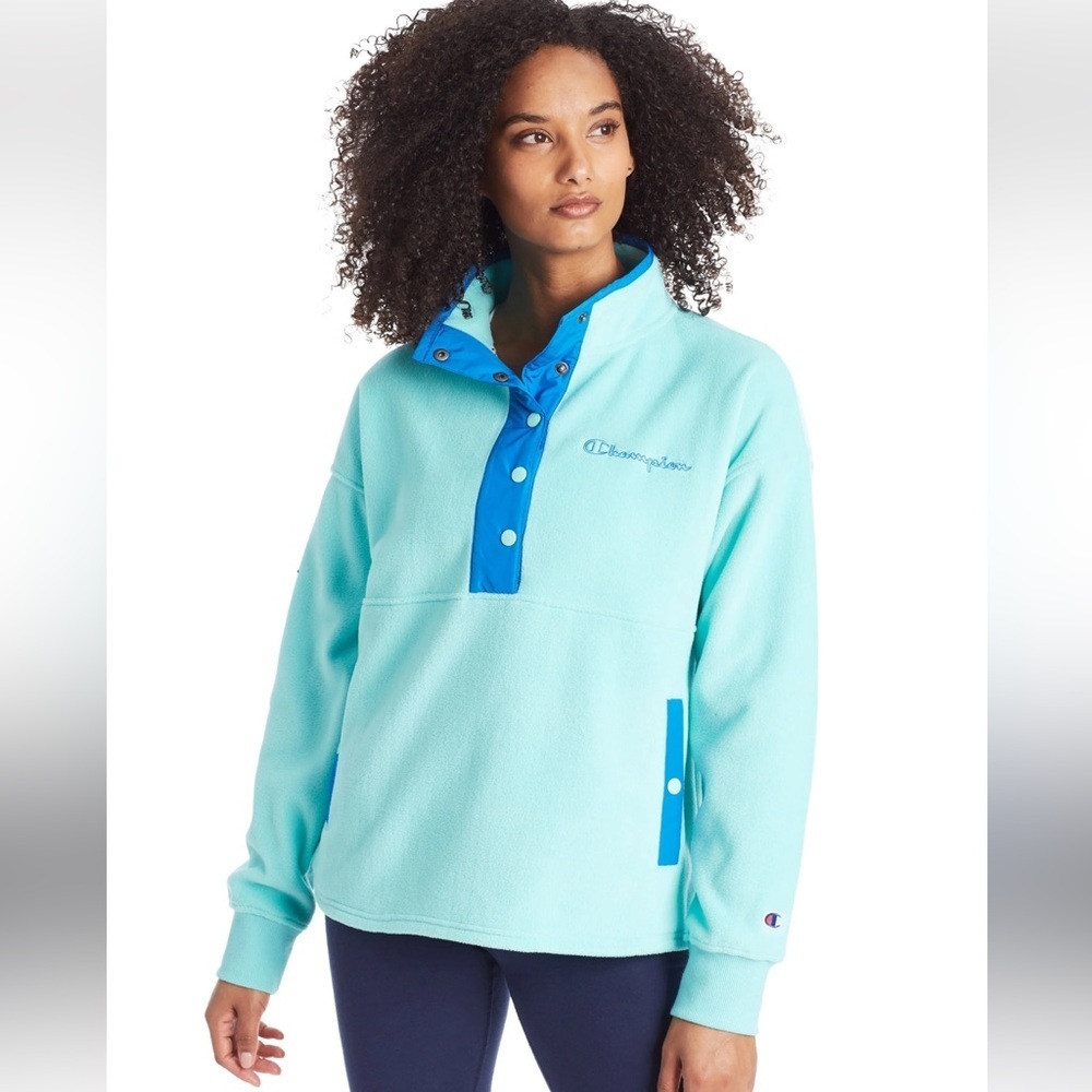 Champion Women's Explorer Fleece Snap Front Pullover Aqua Blue XL popover